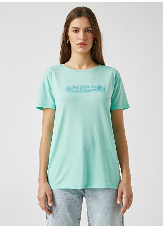 Koton 2SAK50060EK Yuvarlak Yaka Kısa Kollu Normal Kalıp Yeşil Kadın T-Shirt 3