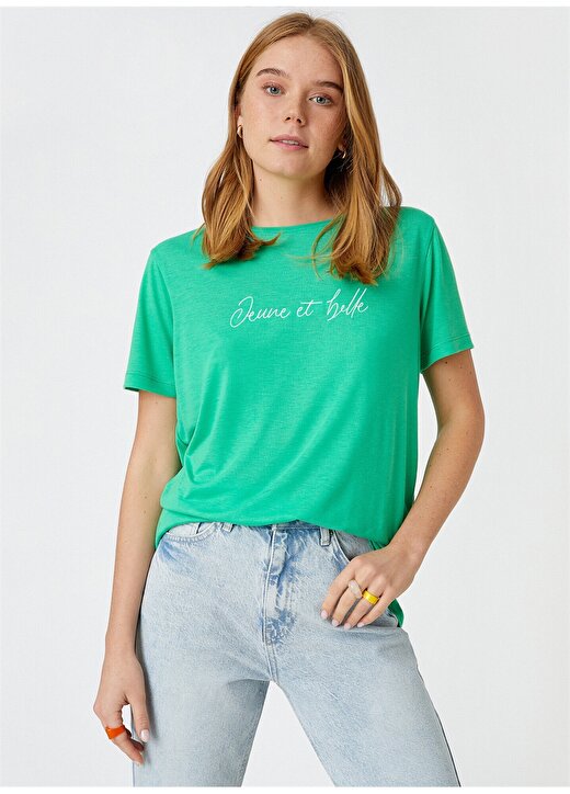 Koton 2SAK50078EK Yuvarlak Yaka Kısa Kollu Normal Kalıp Yeşil Kadın T-Shirt 2