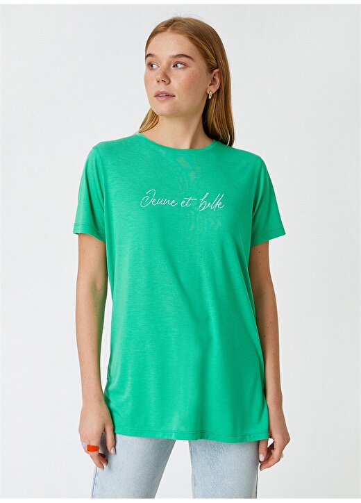 Koton 2SAK50078EK Yuvarlak Yaka Kısa Kollu Normal Kalıp Yeşil Kadın T-Shirt 3