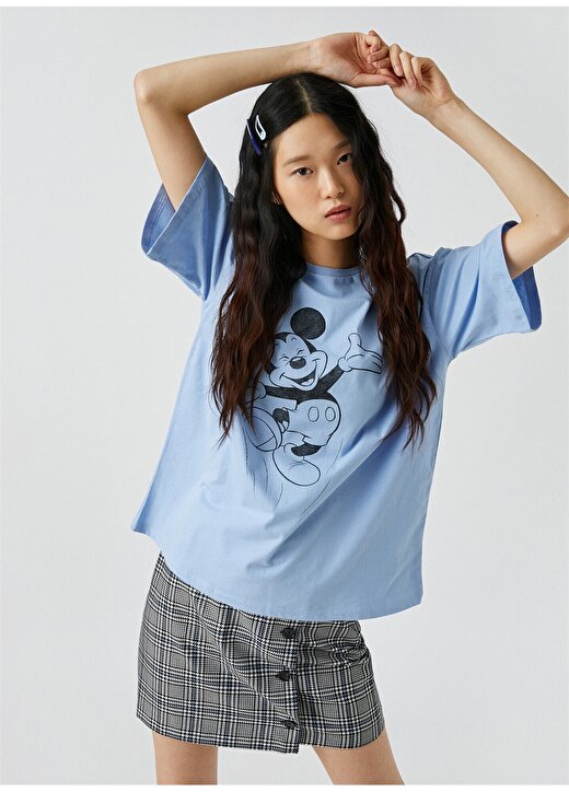 Koton 2SAL10233IK Yuvarlak Yaka Kısa Kollu Normal Kalıp Mavi Kadın T-Shirt 1
