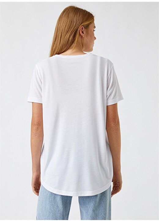 Koton 2YAK13433EK Yuvarlak Yaka Kısa Kollu Normal Kalıp Koyu Beyaz Kadın T-Shirt 4