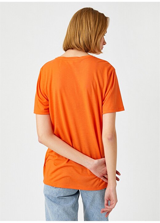 Koton 2YAK13356EK Yuvarlak Yaka Kısa Kollu Normal Kalıp Turuncu Kadın T-Shirt 4
