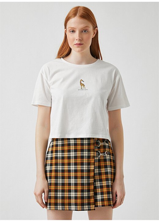 Koton 2YAL18610IK Yuvarlak Yaka Kısa Kollu Normal Kalıp Koyu Beyaz Kadın T-Shirt 3