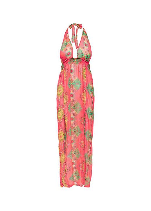 Only Onlemilie Life Maxi Beach Dress Yuvarlak Yaka Normal Kalıp Desenli Koyu Pembe Kadın Plaj Elbisesi 3