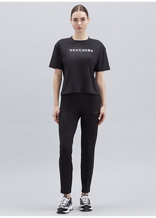Skechers S221175-001 Shiny Logo Bisiklet Yaka Düz Siyah Kadın T-Shirt 2