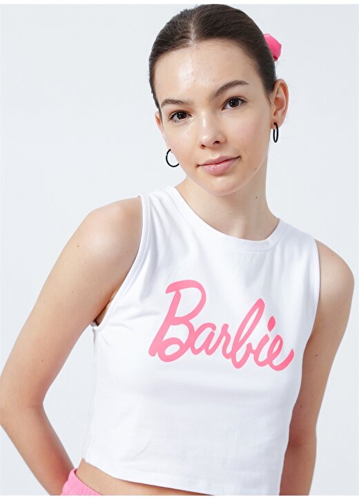 Barbie 22BXW-12 Bisiklet Yaka Crop Top Baskılı Beyaz Kadın Atlet 3