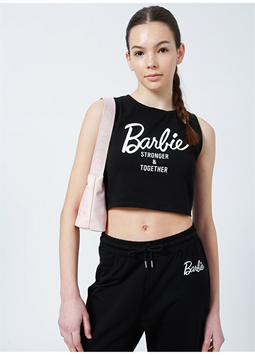 Barbie Siyah Kadın Bisiklet Yaka Crop Top Baskılı T-Shirt 22BXW-05 3
