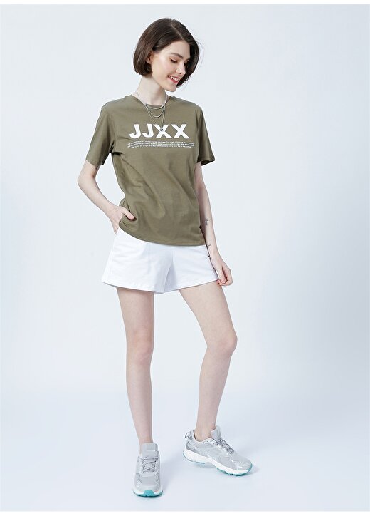 JJXX Jxanna Ss Reg Every Big Logo Tee By Yuvarlak Yaka Normal Kalıp Baskılı Haki Kadın T-Shirt 2