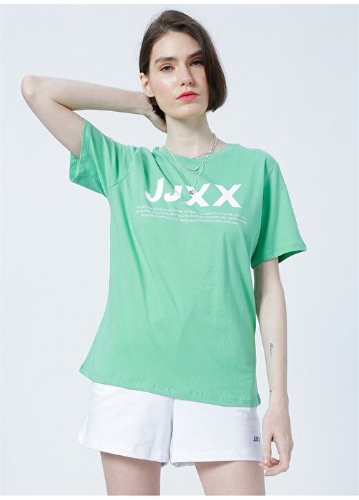 JJXX Jxanna Ss Reg Every Big Logo Tee By Yuvarlak Yaka Normal Kalıp Baskılı Yeşil Kadın T-Shirt 3