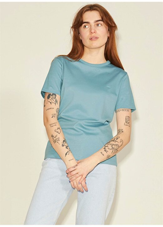 JJXX Jxcatherine Ss Slim Time Tee Noos Yuvarlak Yaka Slim Fit Baskılı Mavi Kadın T-Shirt 4