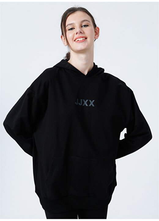 JJXX Kapüşonlu Rahat Kalıp Düz Siyah Kadın Sweatshirt - Jxbeth Ls Loose Hoodie By 3