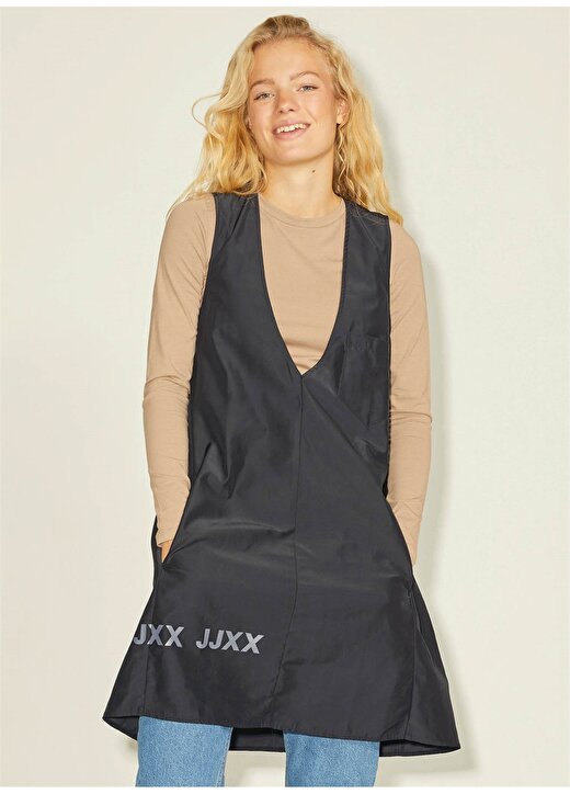 JJXX V Yaka Düz Siyah Midi Kadın Elbise JXMAIA V-NECK HYPE DRESS LN 1