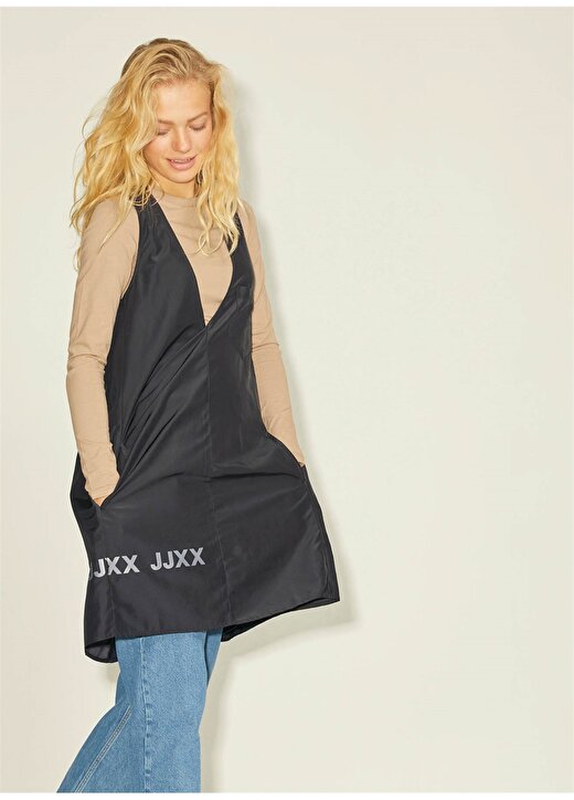 JJXX V Yaka Düz Siyah Midi Kadın Elbise JXMAIA V-NECK HYPE DRESS LN 3