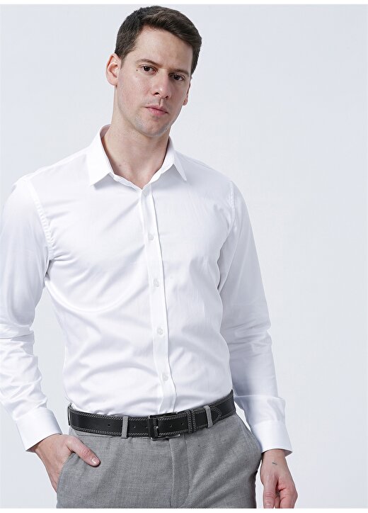 Network Slim Fit Düz Beyaz Erkek Gömlek - 1082057 3