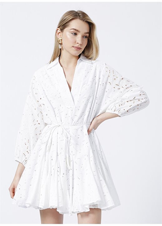 Network 1082690 Gömlek Yaka Truvakar Kol Regular Fit Güpür Beyaz Kadın Elbise 2