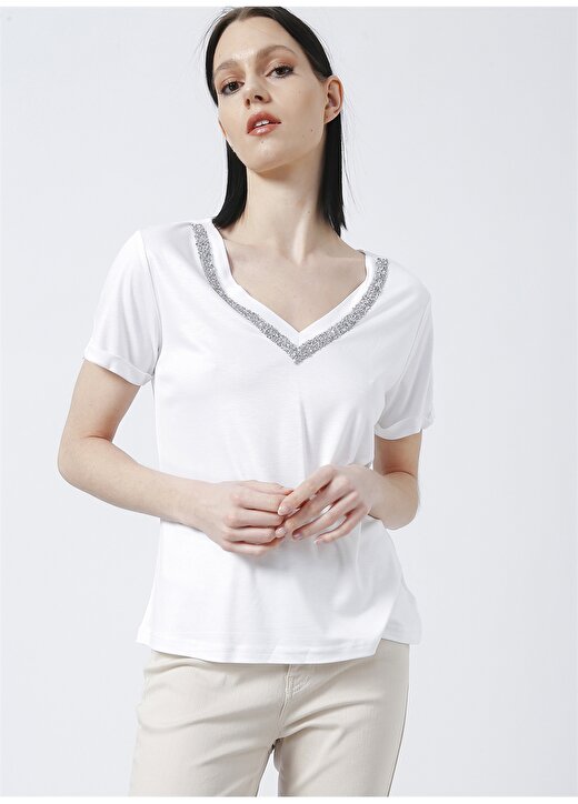 Network 1083018 V Yaka Basic Taşlı Beyaz Kadın T-Shirt 3
