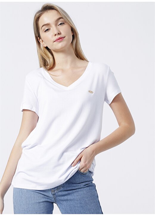 U.S. Polo Assn. V Yaka Düz Beyaz Kadın T-Shirt CIYOSEL22 1