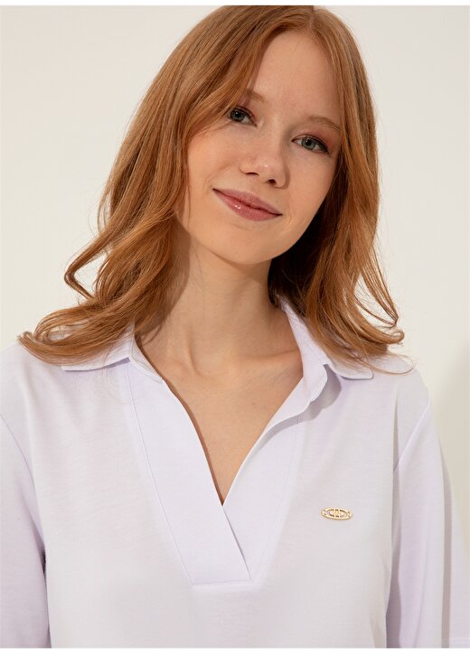 U.S. Polo Assn. Feslem Gömlek Yaka Regular Fit Çizgili Beyaz Kadın T-Shirt 2