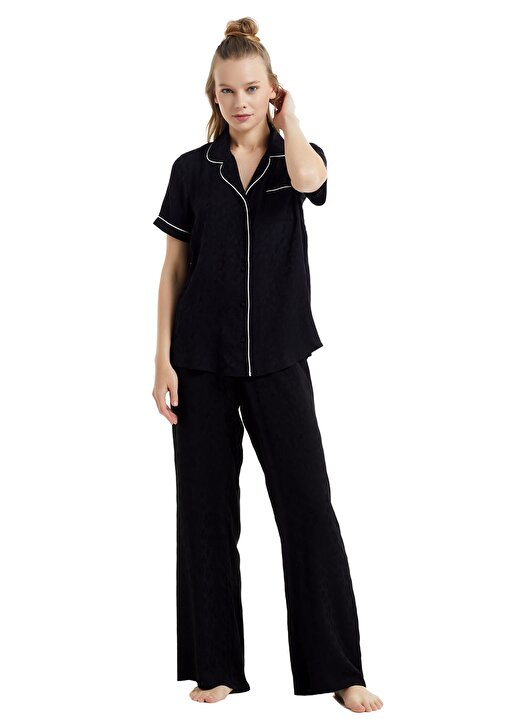 Blackspade 60072 Gömlek Yaka Kısa Kollu Lastikli Standart Kalıp Düz Siyah Kadın Pijama Takımı 1