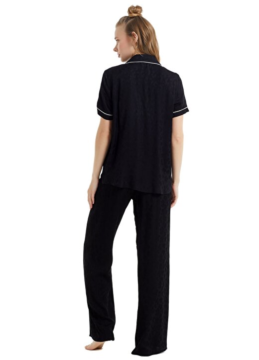 Blackspade 60072 Gömlek Yaka Kısa Kollu Lastikli Standart Kalıp Düz Siyah Kadın Pijama Takımı 2