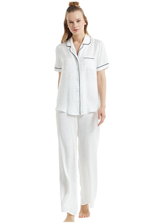 Blackspade 60072 Gömlek Yaka Kısa Kollu Lastikli Standart Kalıp Düz Beyaz Kadın Pijama Takımı 1