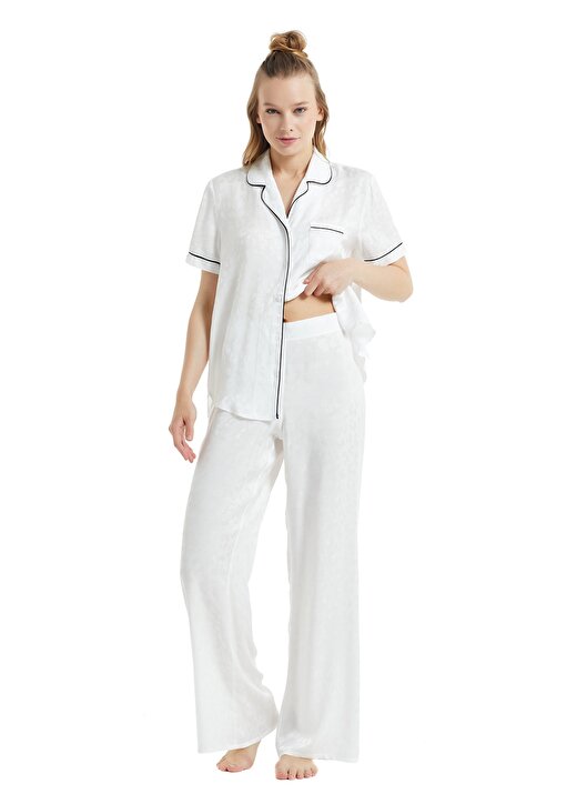 Blackspade 60072 Gömlek Yaka Kısa Kollu Lastikli Standart Kalıp Düz Beyaz Kadın Pijama Takımı 2