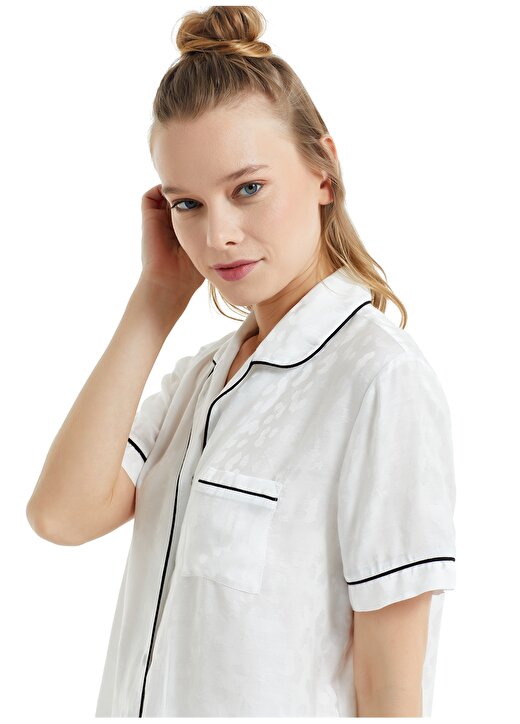 Blackspade 60072 Gömlek Yaka Kısa Kollu Lastikli Standart Kalıp Düz Beyaz Kadın Pijama Takımı 4