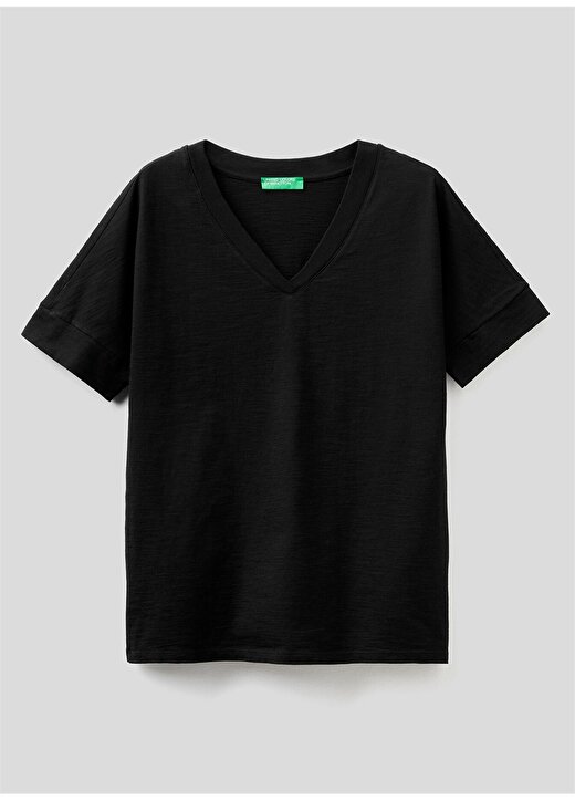Benetton V Yaka Siyah Kadın T-Shirt 3BVXE4265 4