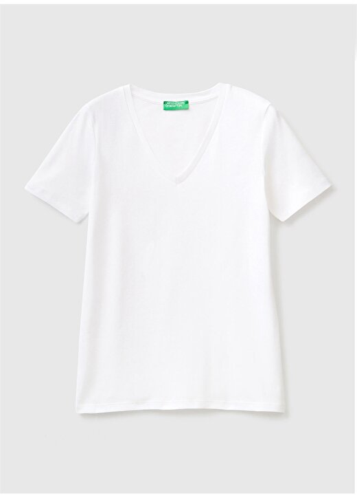 Benetton V Yaka Normal Kalıp Kadın Beyaz T-Shirt - 3GA2E4230 1