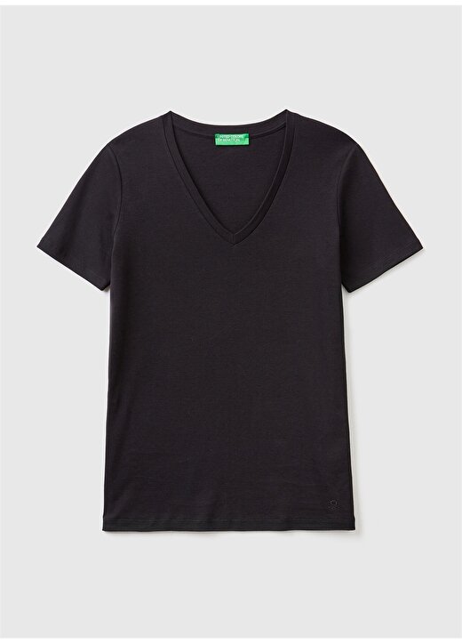Benetton V Yaka Siyah Kadın T-Shirt 3GA2E4230 1
