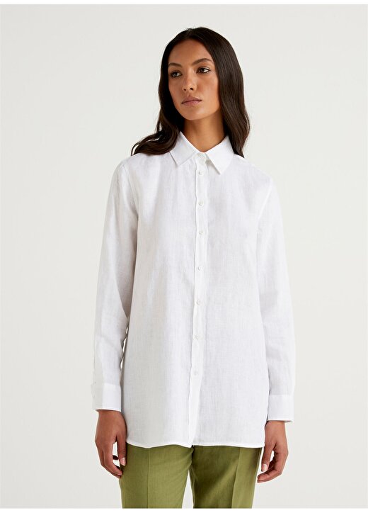 Benetton Gömlek Yaka Beyaz Kadın Gömlek 5BMLDQ001 1