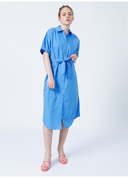 Benetton 4EW7DV01K Gömlek Yaka Normal Kalıp Mavi Kadın Elbise 2