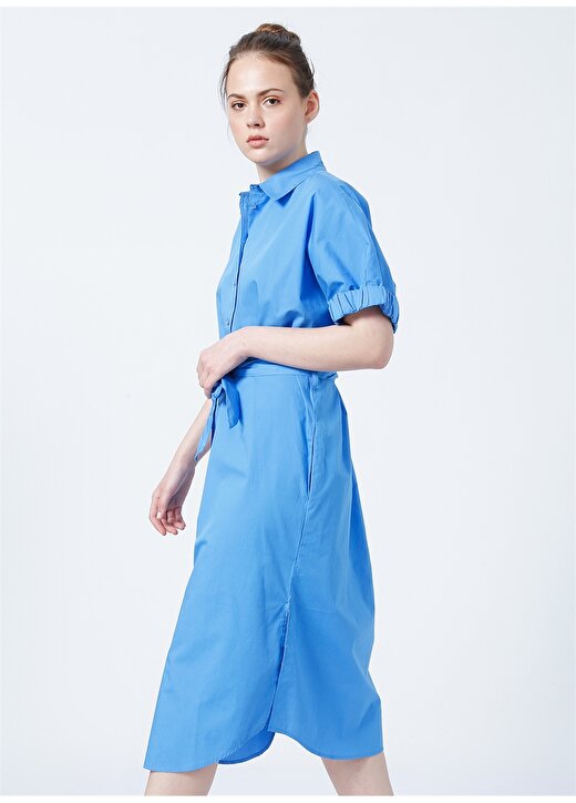 Benetton 4EW7DV01K Gömlek Yaka Normal Kalıp Mavi Kadın Elbise 3