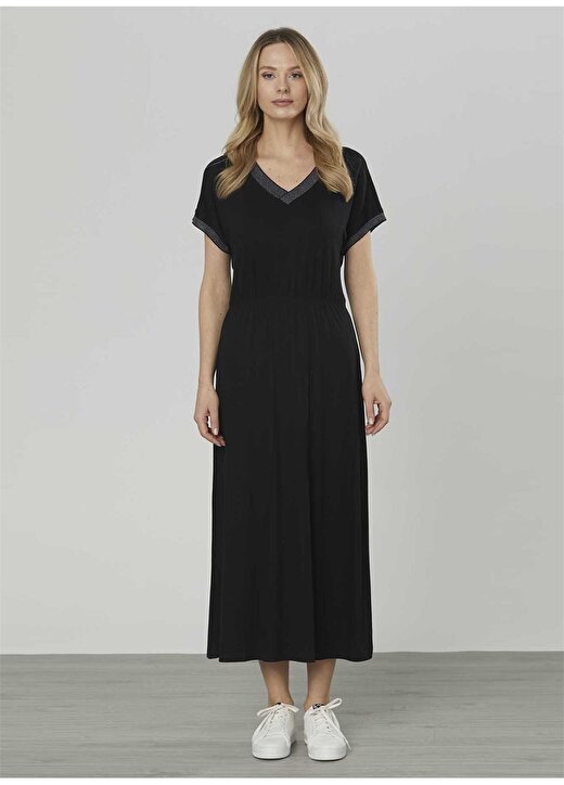 Selen V Yaka Düz Siyah Kadın Elbise - 22YSL7070 1