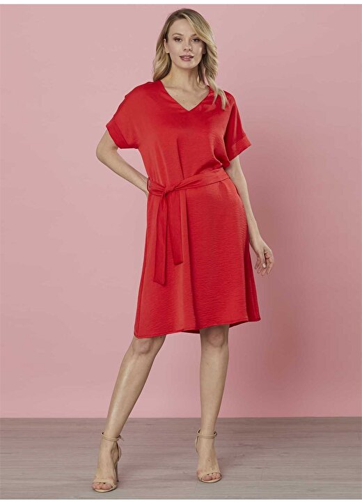 Selen V Yaka Düz Kırmızı Standart Kadın Elbise 22YSL7054 3