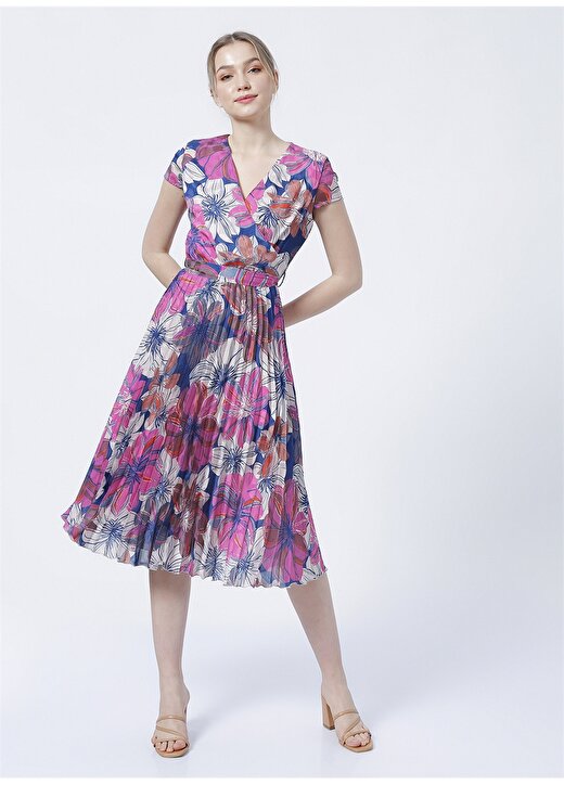 Selen Kruvaze Yaka Emprime Fuşya Kadın Pileli Elbise - 22YSL7090 3