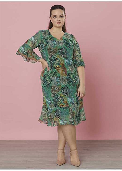 Selen V Yaka Emprime Yeşil Kadın Elbise - 22YSL7110 1