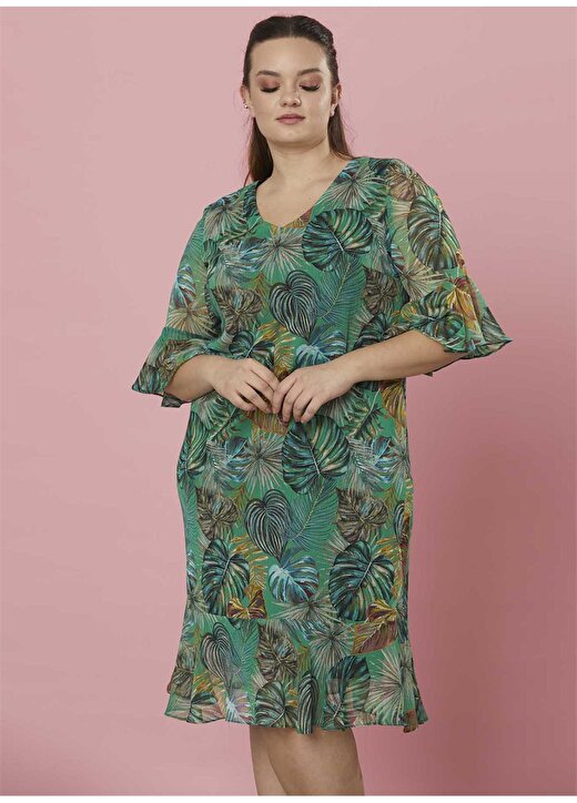 Selen V Yaka Emprime Yeşil Kadın Elbise - 22YSL7110 3