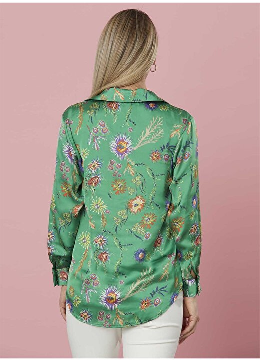 Selen Gömlek Yaka Çiçek Desenli Yeşil Kadın Saten Bluz - 22YSL8288 4