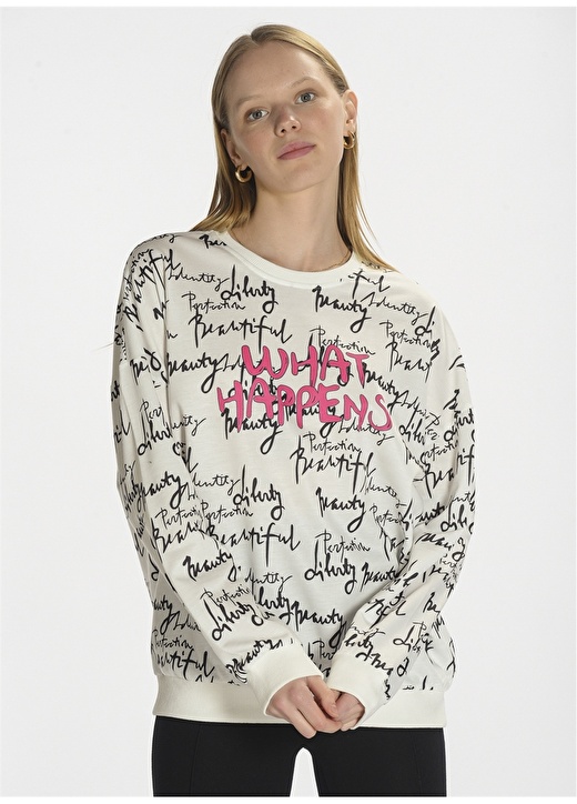 People By Fabrika PFKSS22SW0022 Bisiklet Yaka Regular Fit Baskılı Beyaz Kadın Sweatshirt 4