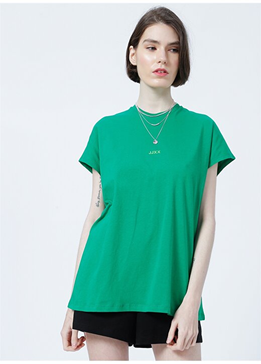 JJXX Jxastrid Sl Boxy Every Tee By Yuvarlak Yaka Slim Fit Baskılı Yeşil Kadın T-Shirt 4