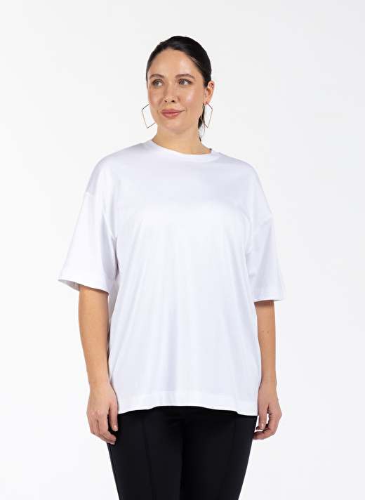Luokk Yuvarlak Yaka Rahat Kalıp Düz Beyaz Kadın Büyük Beden T-Shirt MORRIS 1