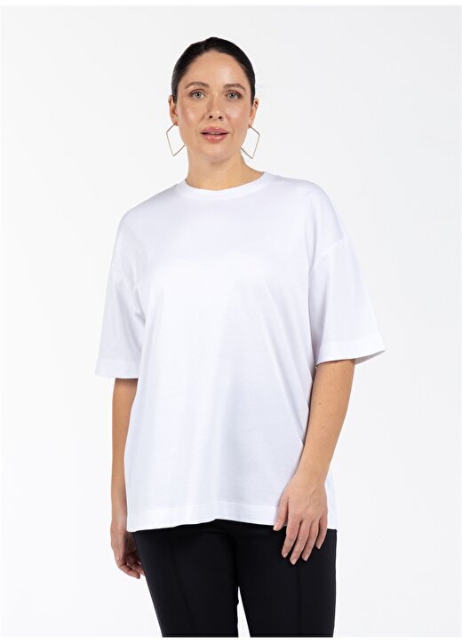 Luokk Yuvarlak Yaka Rahat Kalıp Düz Beyaz Kadın Büyük Beden T-Shirt MORRIS 2