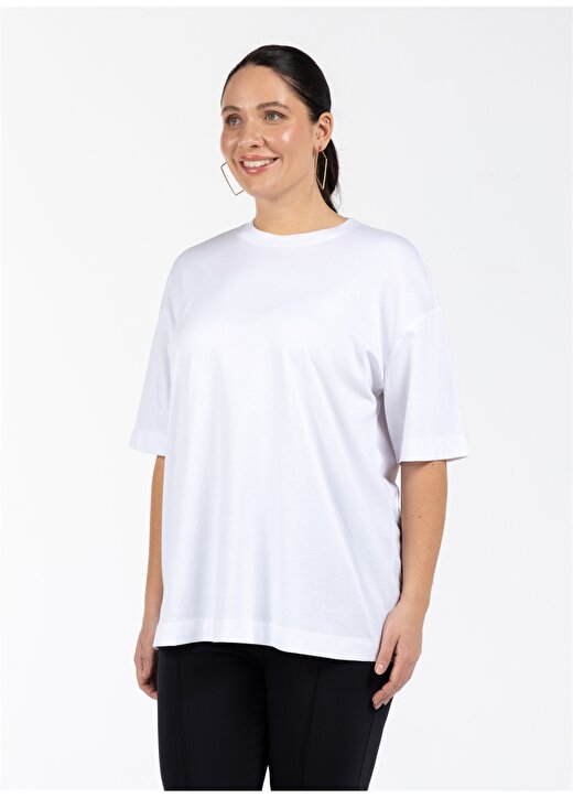 Luokk Yuvarlak Yaka Rahat Kalıp Düz Beyaz Kadın Büyük Beden T-Shirt MORRIS 3