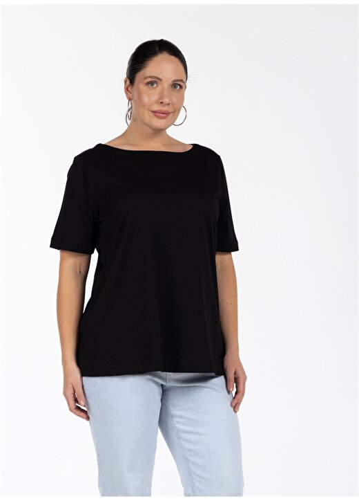 Luokk Yuvarlak Yaka Rahat Kalıp Düz Siyah Kadın Büyük Beden T-Shirt JENNY 3