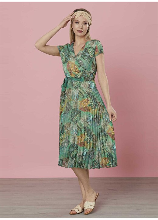 Selen Kruvaze Yaka Emprime Yeşil Kadın Midi Pileli Elbise 22YSL7082 4