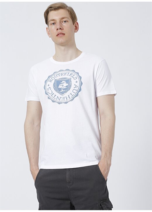 Routefield Trevor Bisiklet Yaka Slim Fit Baskılı Beyaz Erkek T-Shirt 3