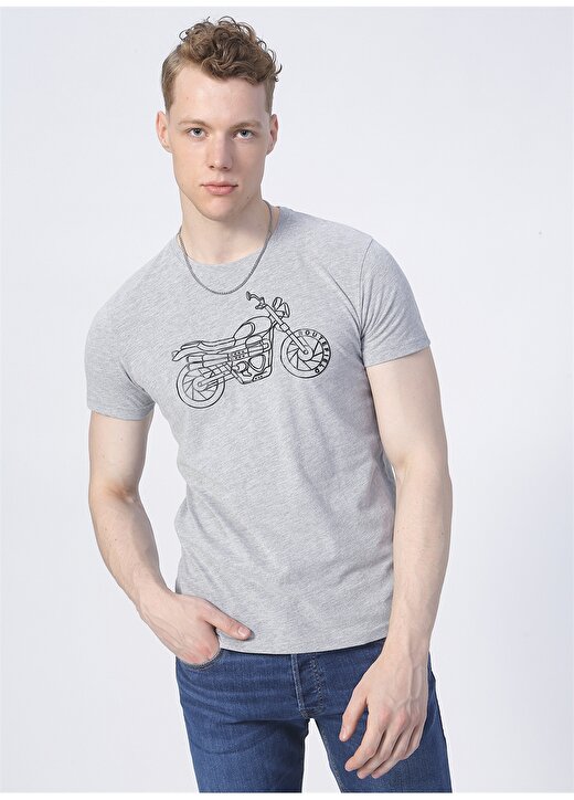 Routefield Bisiklet Yaka Slim Fit Baskılı Gri Erkek T-Shirt 3