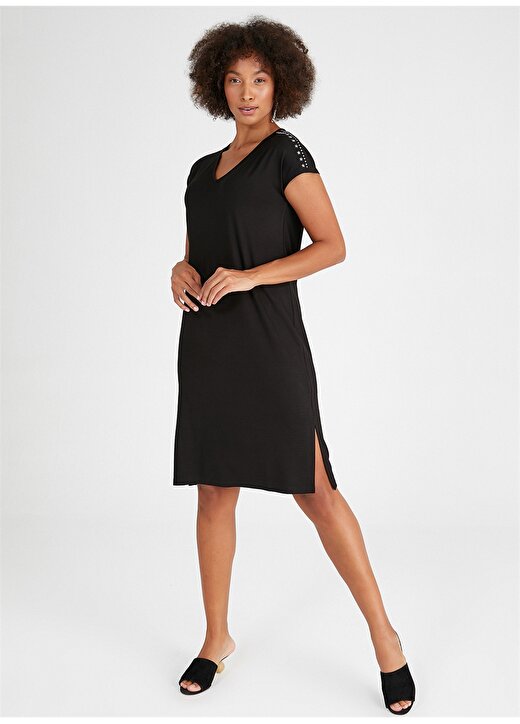 Faik Sönmez V Yaka Siyah Diz Altı Kadın Elbise B00071-2 1