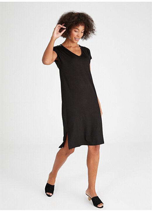 Faik Sönmez V Yaka Siyah Diz Altı Kadın Elbise B00071-2 2